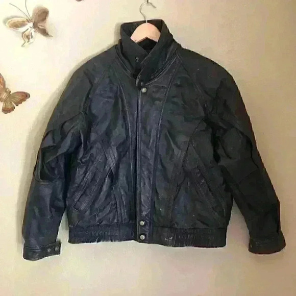 Leoni Black Leather Bomber Biker Jacket with Sherpa Lining Labeled Men's M - Picture 2 of 13